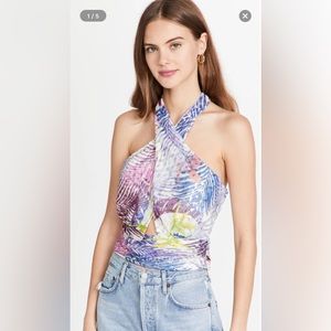 Ramy Brook Louisa Metallic Palm Printed Crop Halter Top
